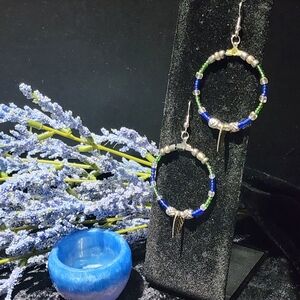 Handmade Blue and Green Beaded Hoop Earrings